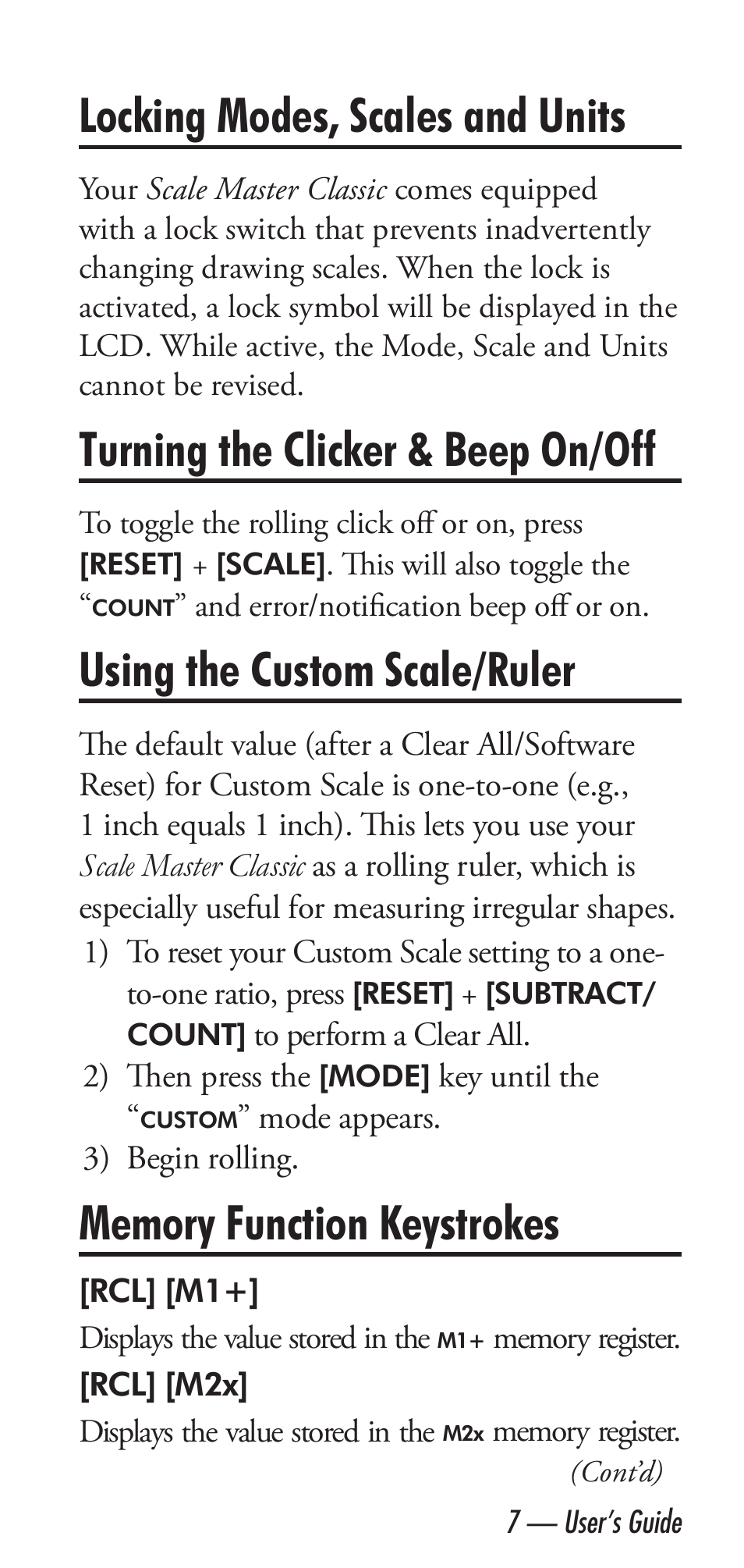 Locking modes, scales and units, Turning the clicker & beep on/off, Using the custom scale/ruler | Calculated Industries 6020 v3.2 User Manual | Page 9 / 40