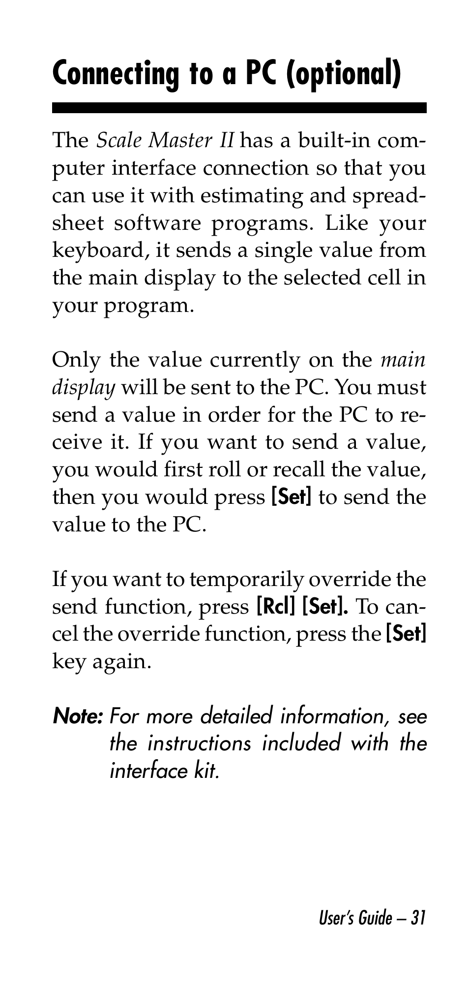 Connecting to a pc (optional) | Calculated Industries 6130 v2.0 User Manual | Page 31 / 44