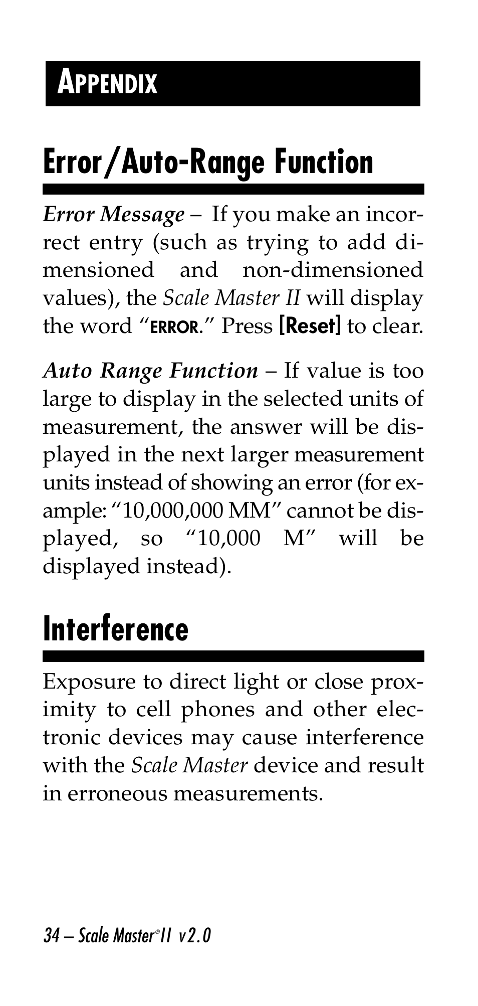 Error/auto-range function, Interference | Calculated Industries 6130 v2.0 User Manual | Page 34 / 44