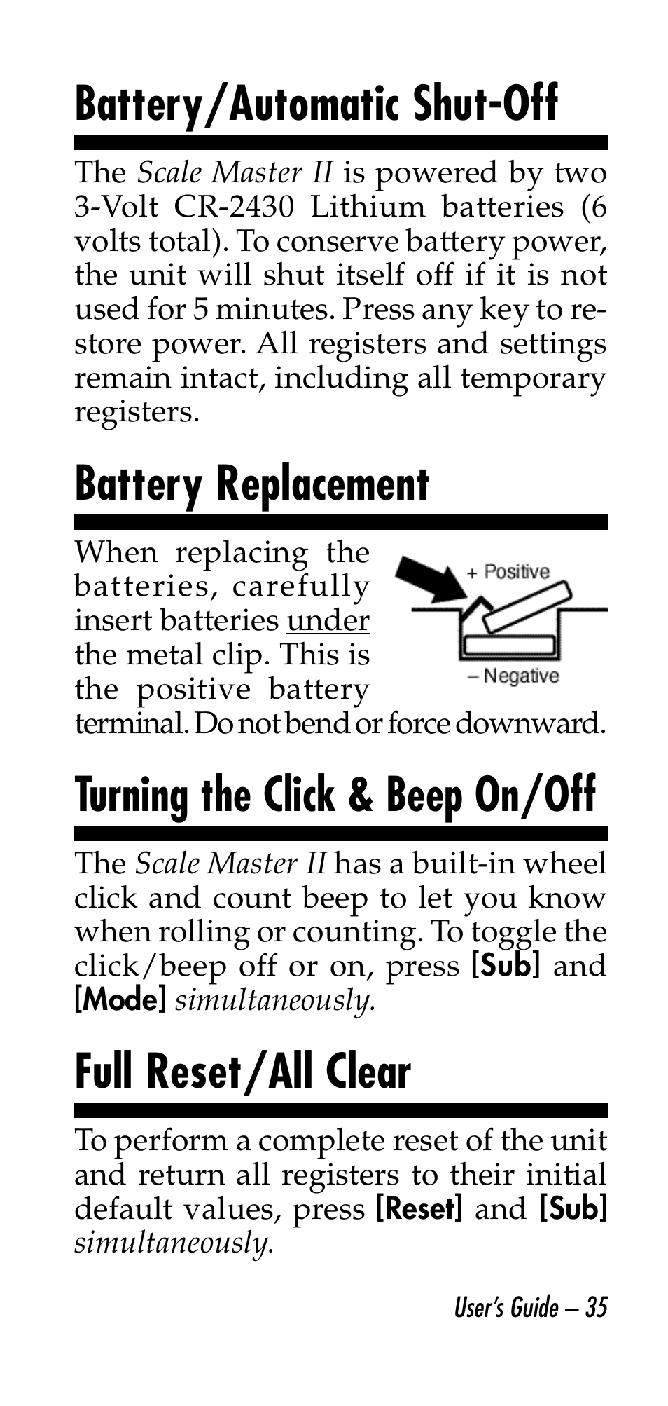 Battery/automatic shut-off, Battery replacement, Turning the click & beep on/off | Full reset/all clear | Calculated Industries 6130 v2.0 User Manual | Page 35 / 44