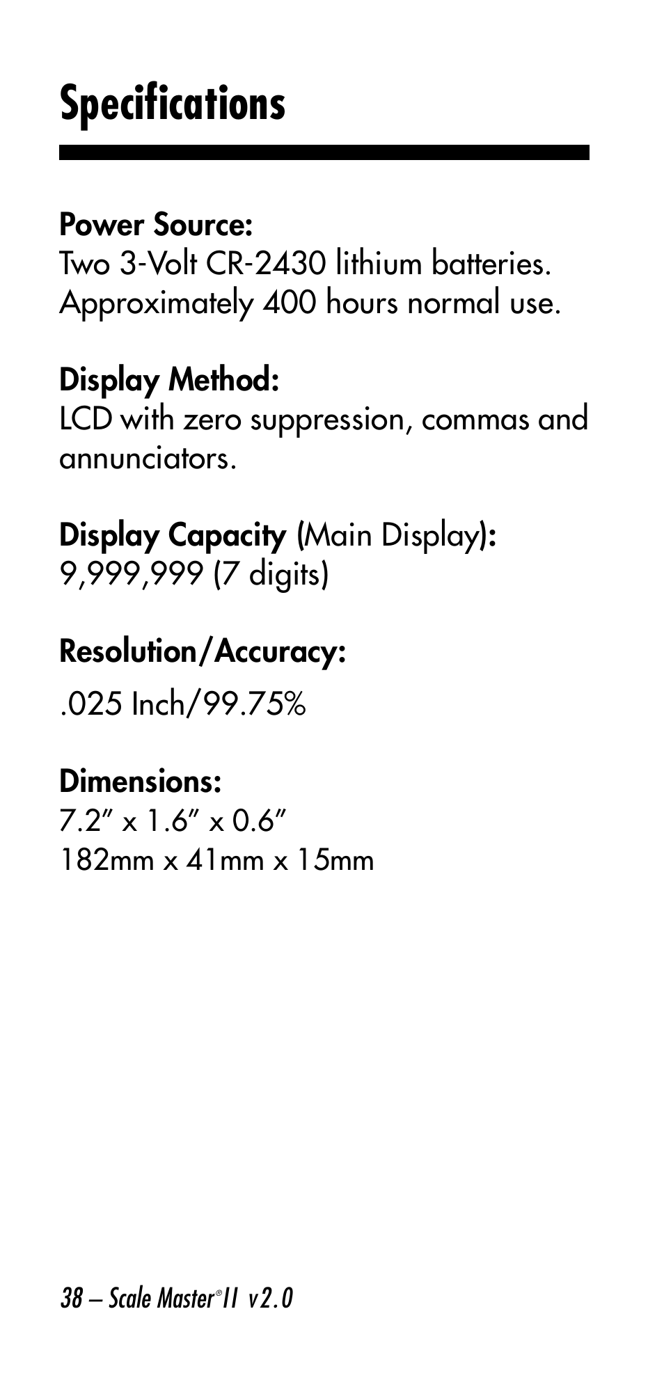 Specifications | Calculated Industries 6130 v2.0 User Manual | Page 38 / 44