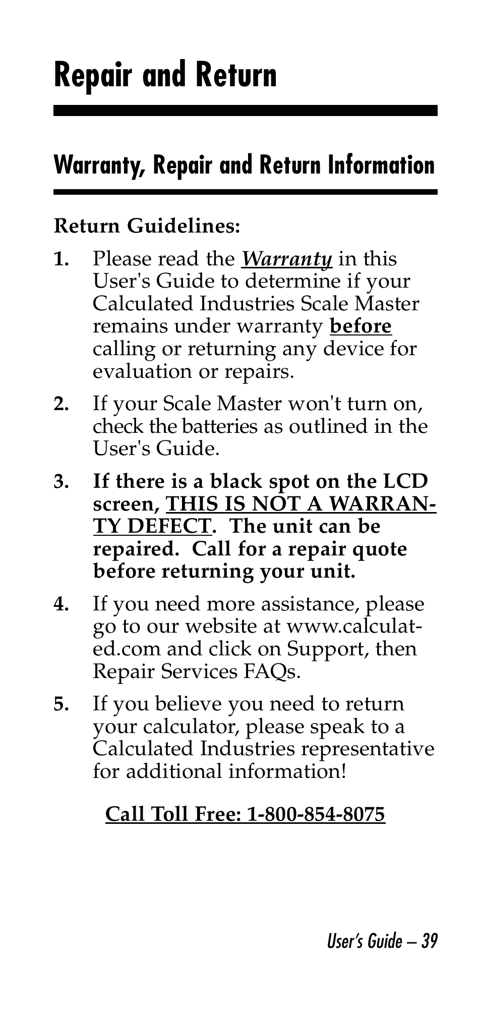 Repair and return, Warranty, repair and return information | Calculated Industries 6130 v2.0 User Manual | Page 39 / 44