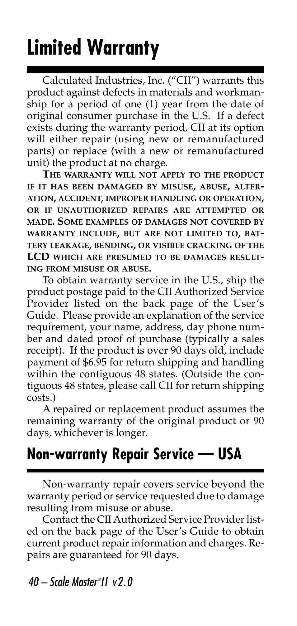 Limited warranty, Non-warranty repair service — usa, 40 – scale master | Ii v2.0 | Calculated Industries 6130 v2.0 User Manual | Page 40 / 44
