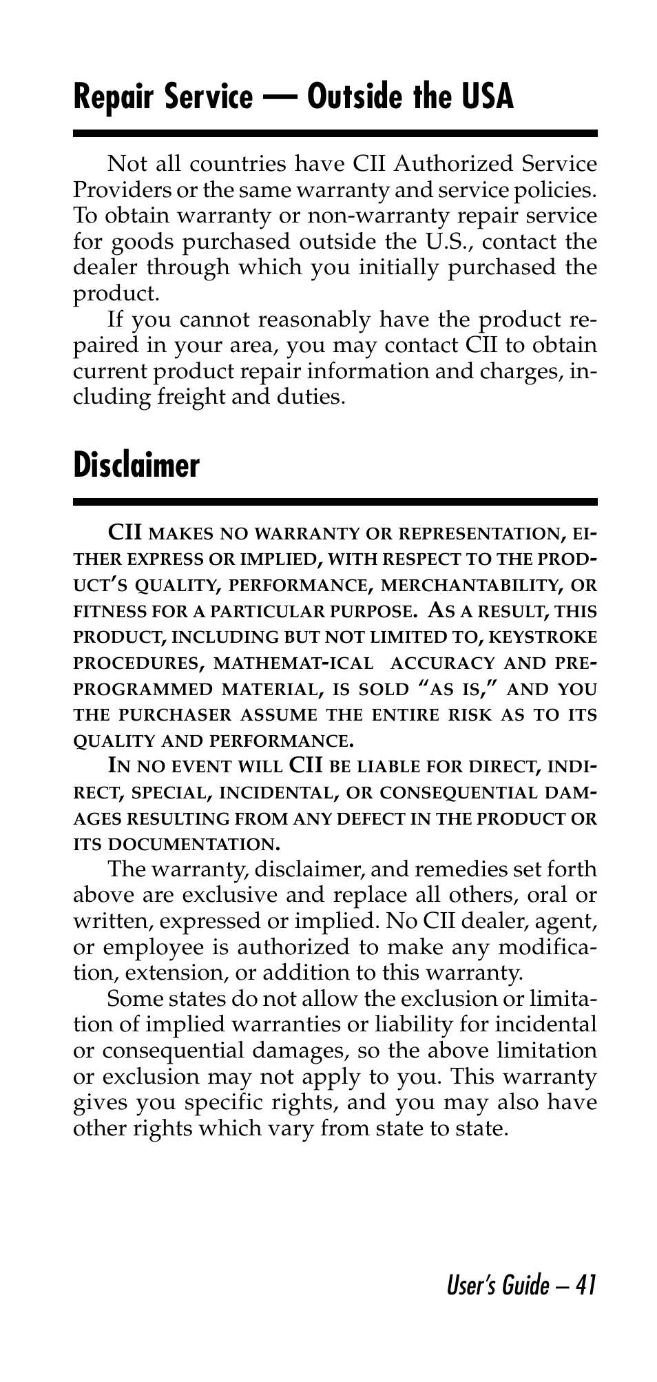 Repair service — outside the usa, Disclaimer, User’s guide – 41 | Calculated Industries 6130 v2.0 User Manual | Page 41 / 44