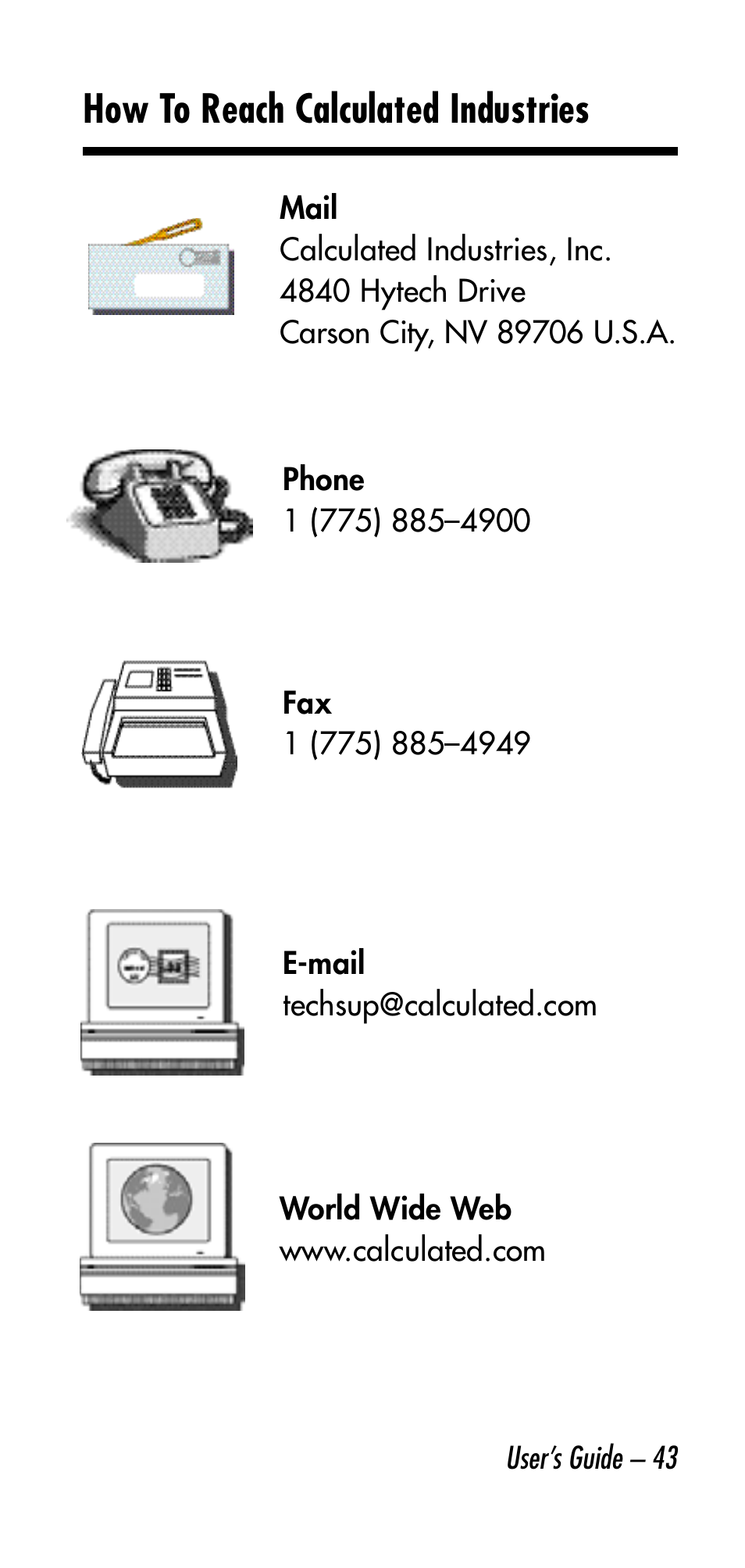 How to reach calculated industries | Calculated Industries 6130 v2.0 User Manual | Page 43 / 44