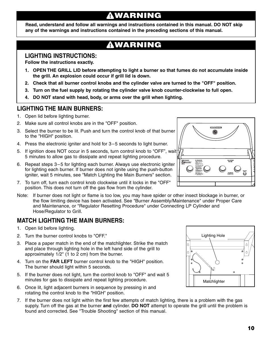 Warning, Lighting instructions, Lighting the main burners | Match lighting the main burners | Brinkmann ProSeries 4415 User Manual | Page 11 / 62