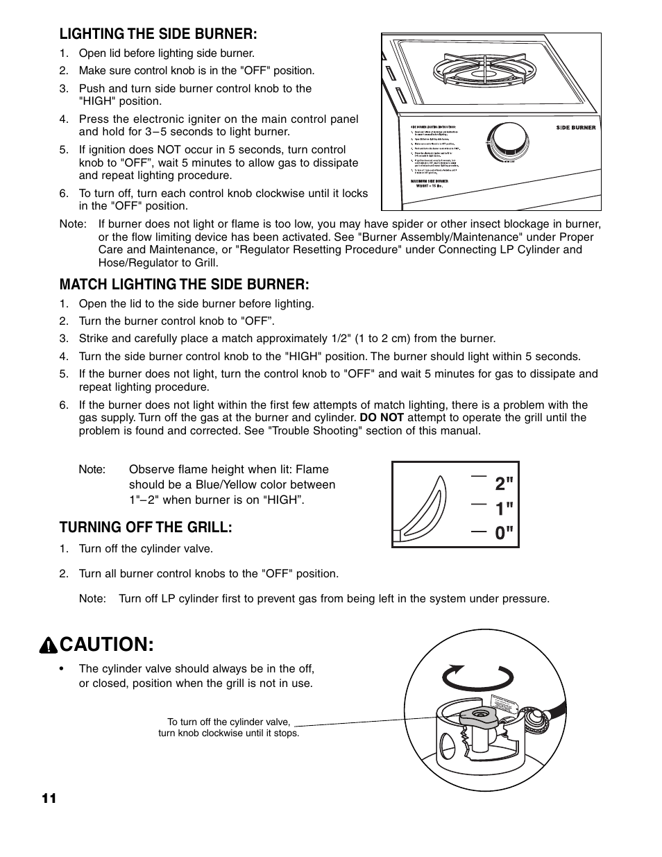 Caution, Lighting the side burner, Match lighting the side burner | Turning off the grill | Brinkmann ProSeries 4415 User Manual | Page 12 / 62