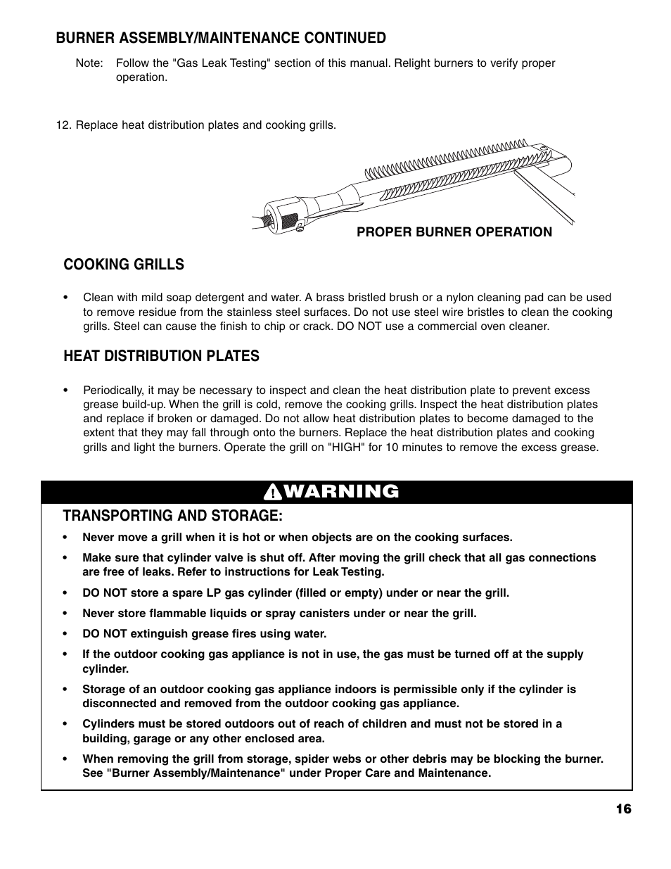 Warning, Transporting and storage, Cooking grills | Heat distribution plates, Burner assembly/maintenance continued | Brinkmann ProSeries 4415 User Manual | Page 17 / 62