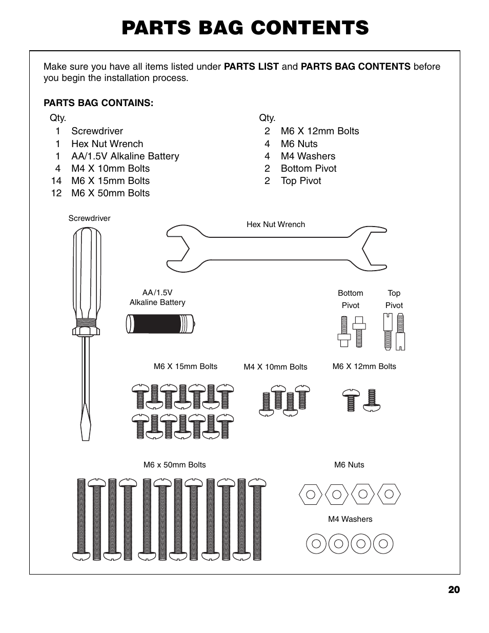 Parts bag contents | Brinkmann ProSeries 4415 User Manual | Page 21 / 62