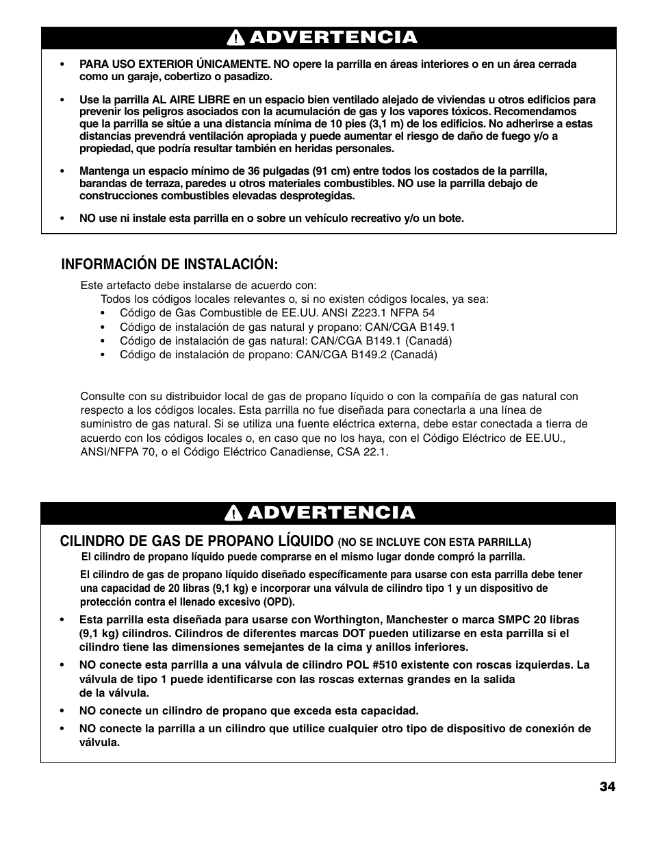 Advertencia, Información de instalación, Cilindro de gas de propano líquido | Brinkmann ProSeries 4415 User Manual | Page 35 / 62