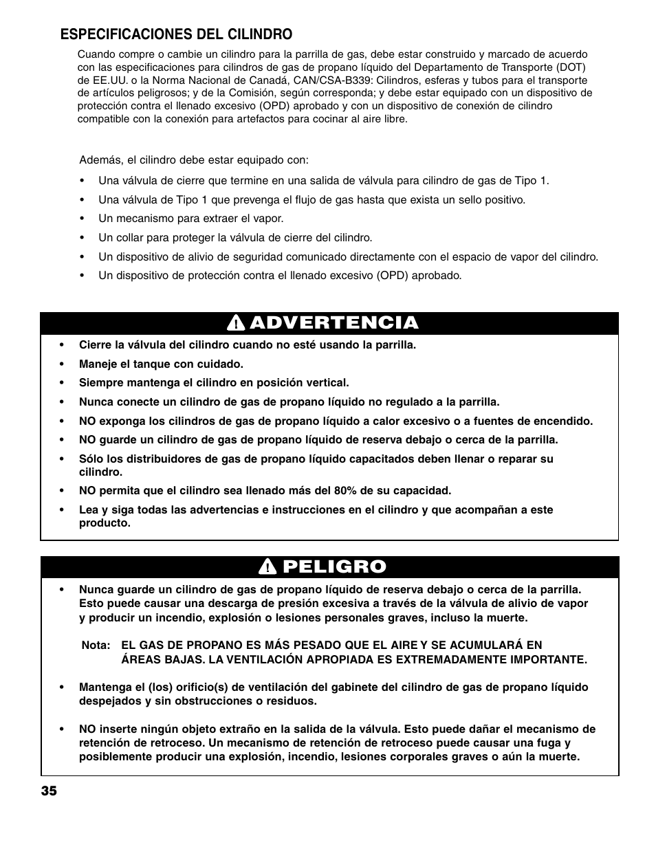 Advertencia peligro, Especificaciones del cilindro | Brinkmann ProSeries 4415 User Manual | Page 36 / 62