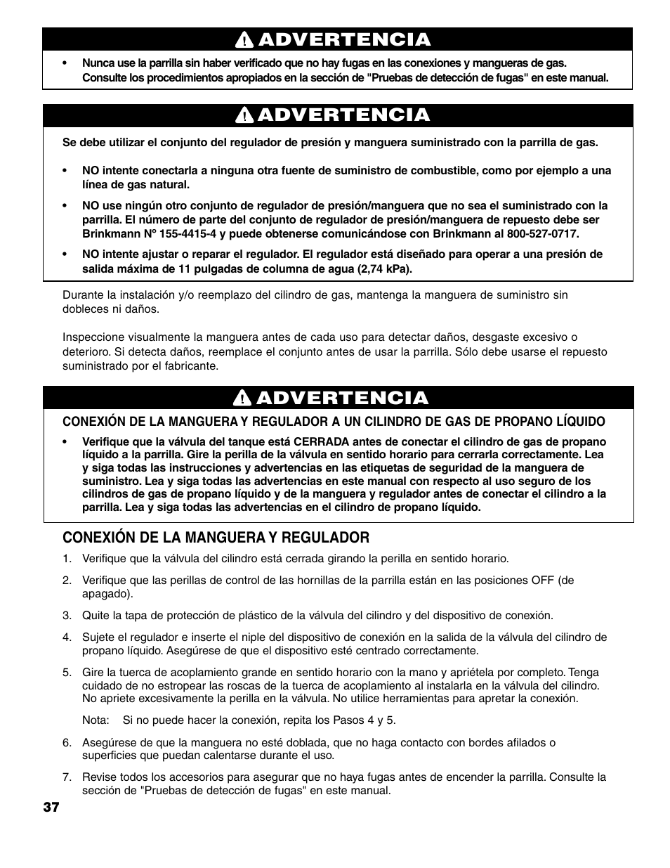 Advertencia, Conexión de la manguera y regulador | Brinkmann ProSeries 4415 User Manual | Page 38 / 62