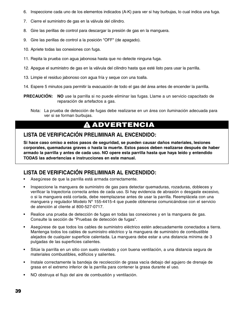 Advertencia, Lista de verificación preliminar al encendido | Brinkmann ProSeries 4415 User Manual | Page 40 / 62