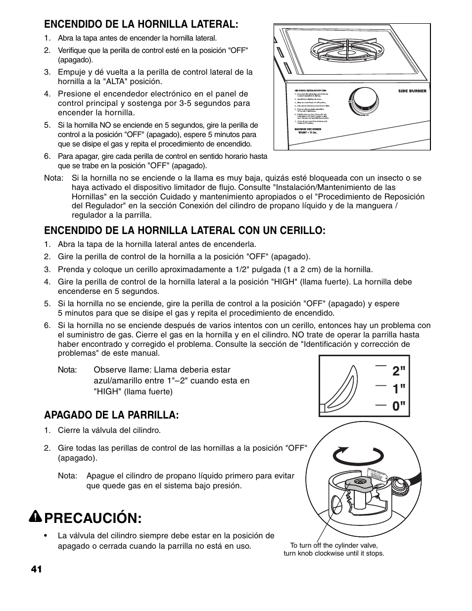 Precaución, Encendido de la hornilla lateral, Encendido de la hornilla lateral con un cerillo | Apagado de la parrilla | Brinkmann ProSeries 4415 User Manual | Page 42 / 62