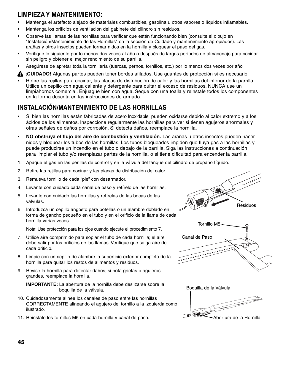 Instalación/mantenimiento de las hornillas, Limpieza y mantenimiento | Brinkmann ProSeries 4415 User Manual | Page 46 / 62