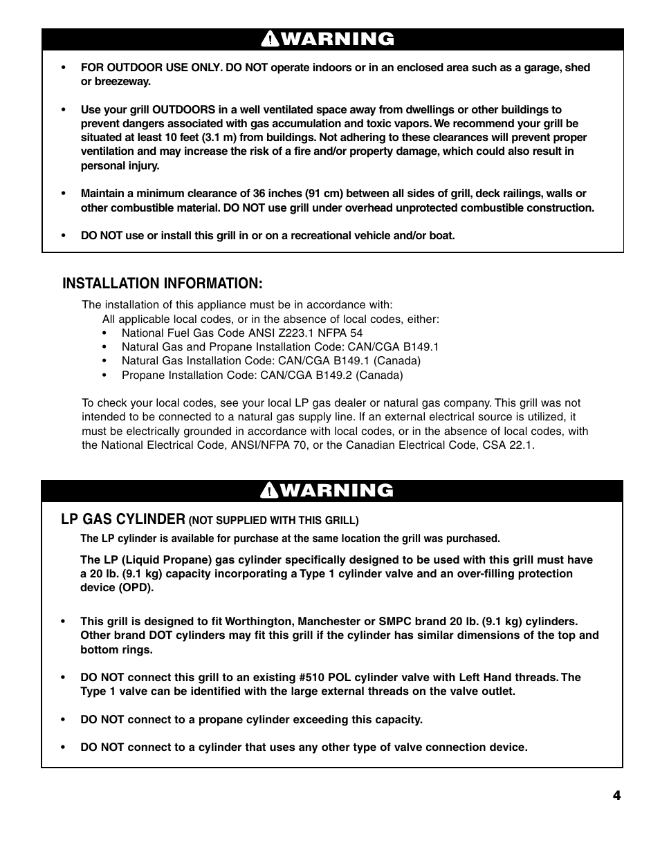 Warning, Installation information, Lp gas cylinder | Brinkmann ProSeries 4415 User Manual | Page 5 / 62