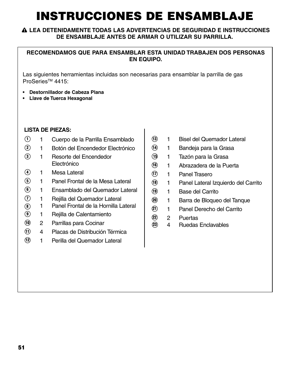 Instrucciones de ensamblaje | Brinkmann ProSeries 4415 User Manual | Page 52 / 62