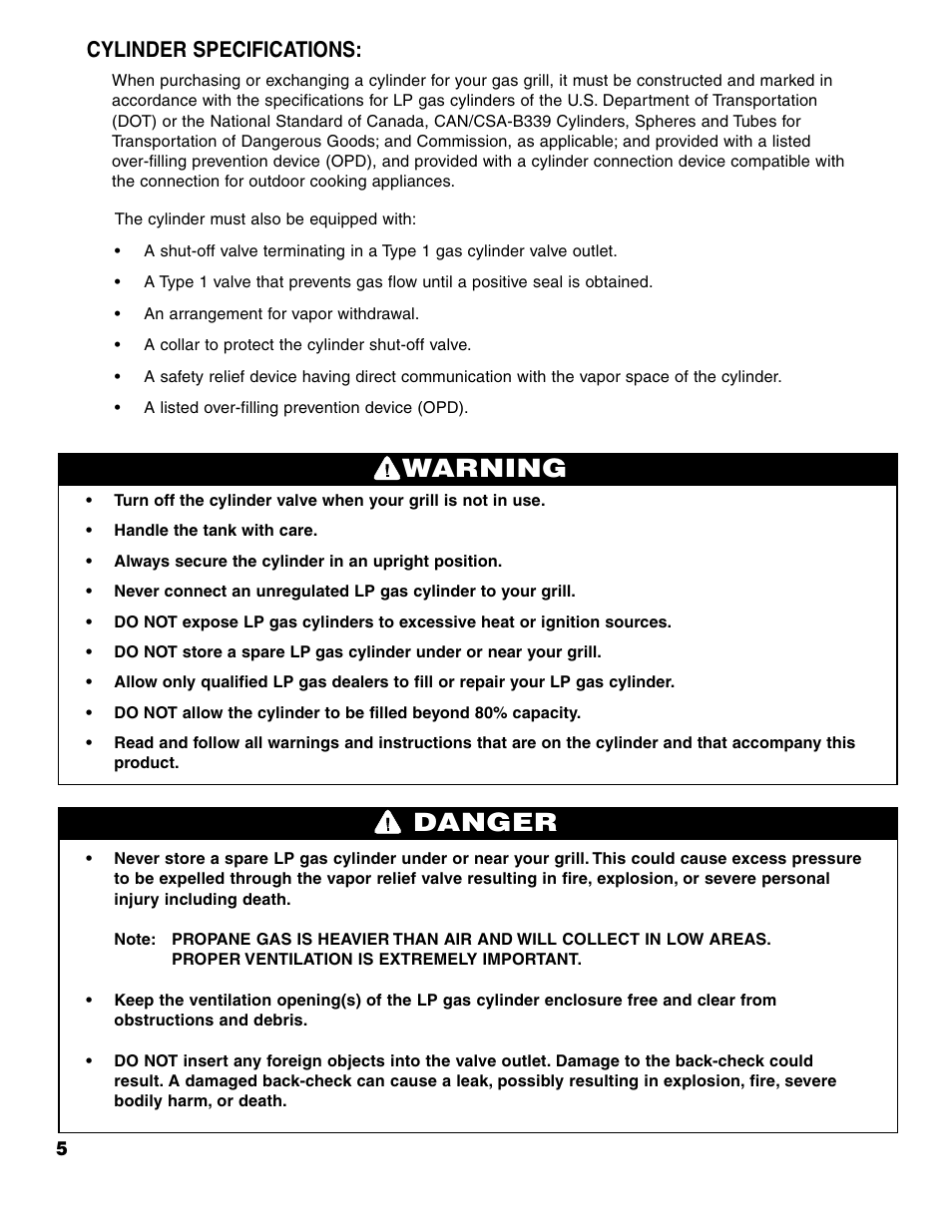 Warning danger, Cylinder specifications | Brinkmann ProSeries 4415 User Manual | Page 6 / 62