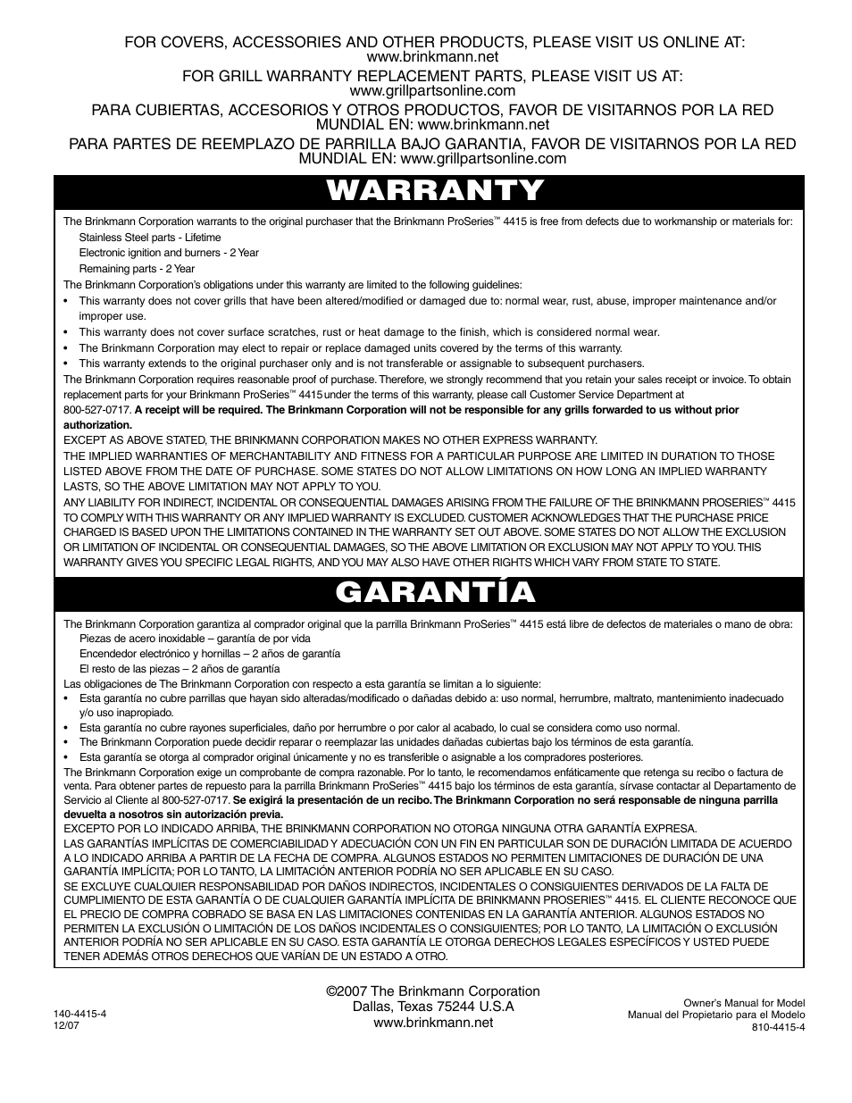 Warranty garantía | Brinkmann ProSeries 4415 User Manual | Page 62 / 62