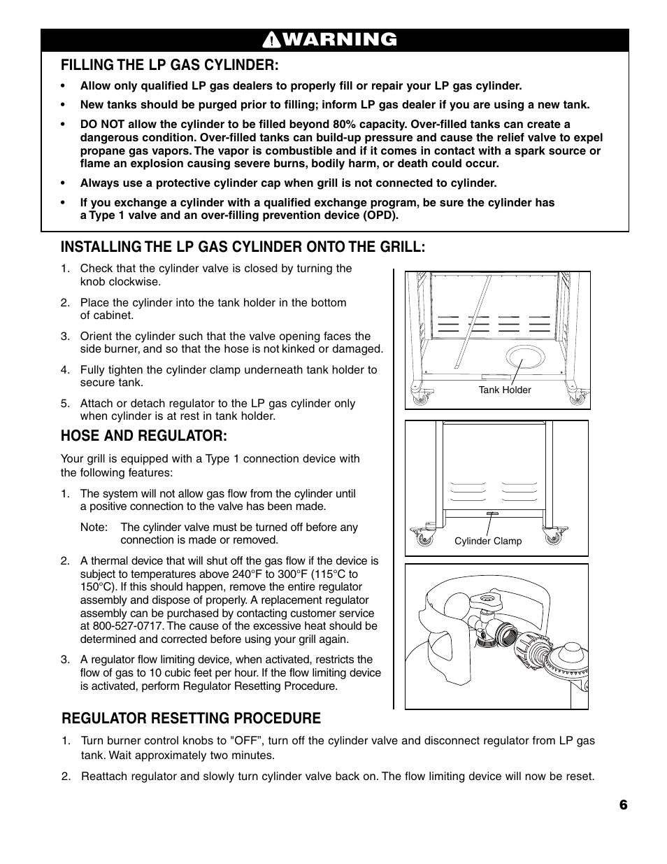 Warning, Filling the lp gas cylinder, Installing the lp gas cylinder onto the grill | Hose and regulator, Regulator resetting procedure | Brinkmann ProSeries 4415 User Manual | Page 7 / 62