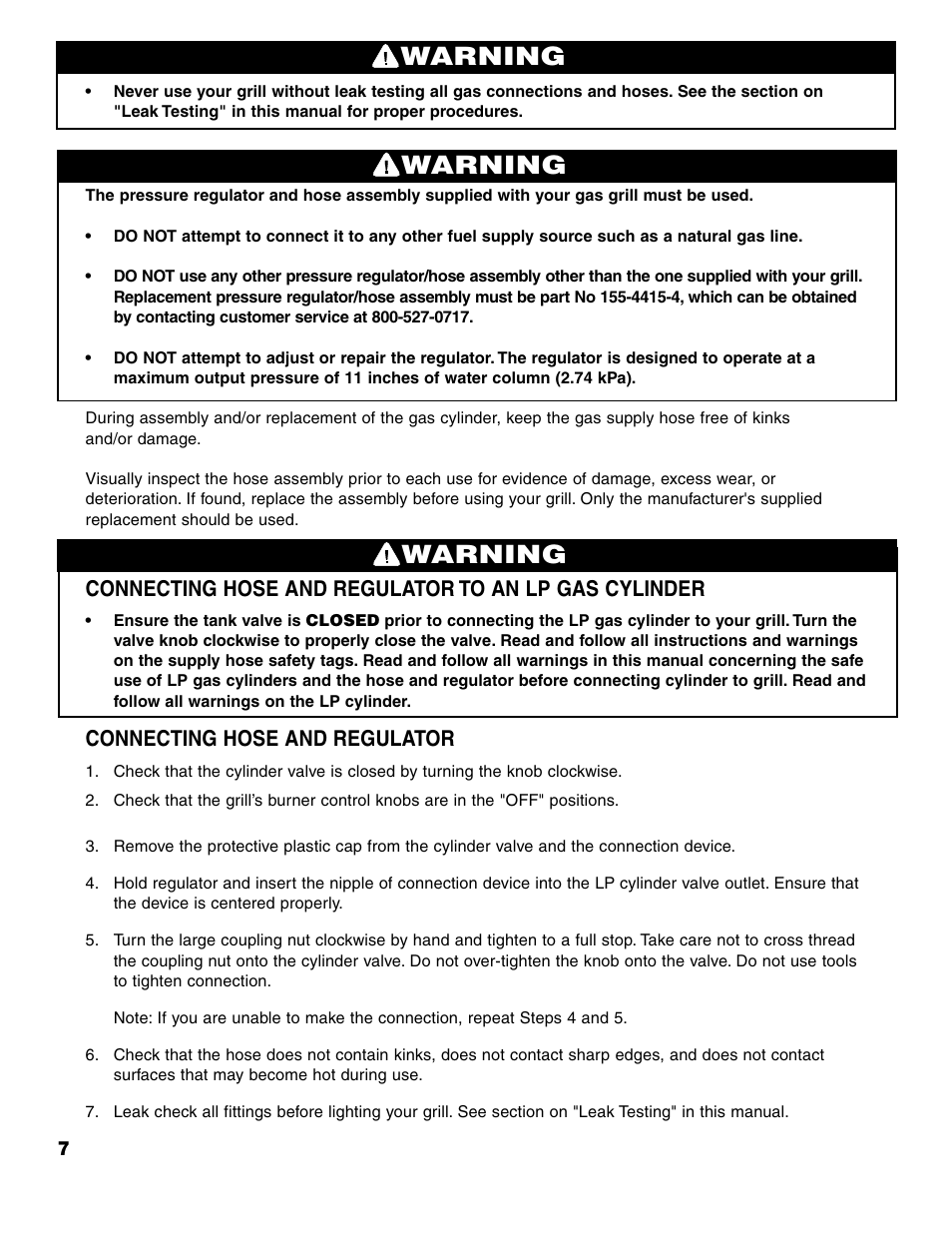 Warning, Connecting hose and regulator | Brinkmann ProSeries 4415 User Manual | Page 8 / 62