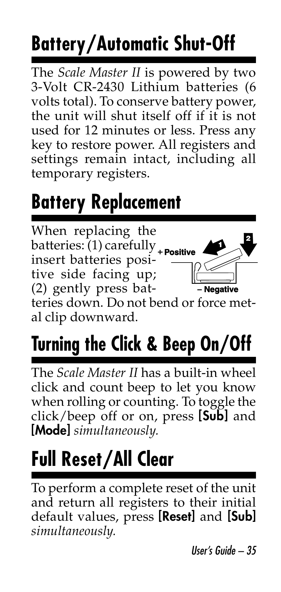 Battery/automatic shut-off, Battery replacement, Turning the click & beep on/off | Full reset/all clear | Calculated Industries 6130 v3.0 User Manual | Page 35 / 44