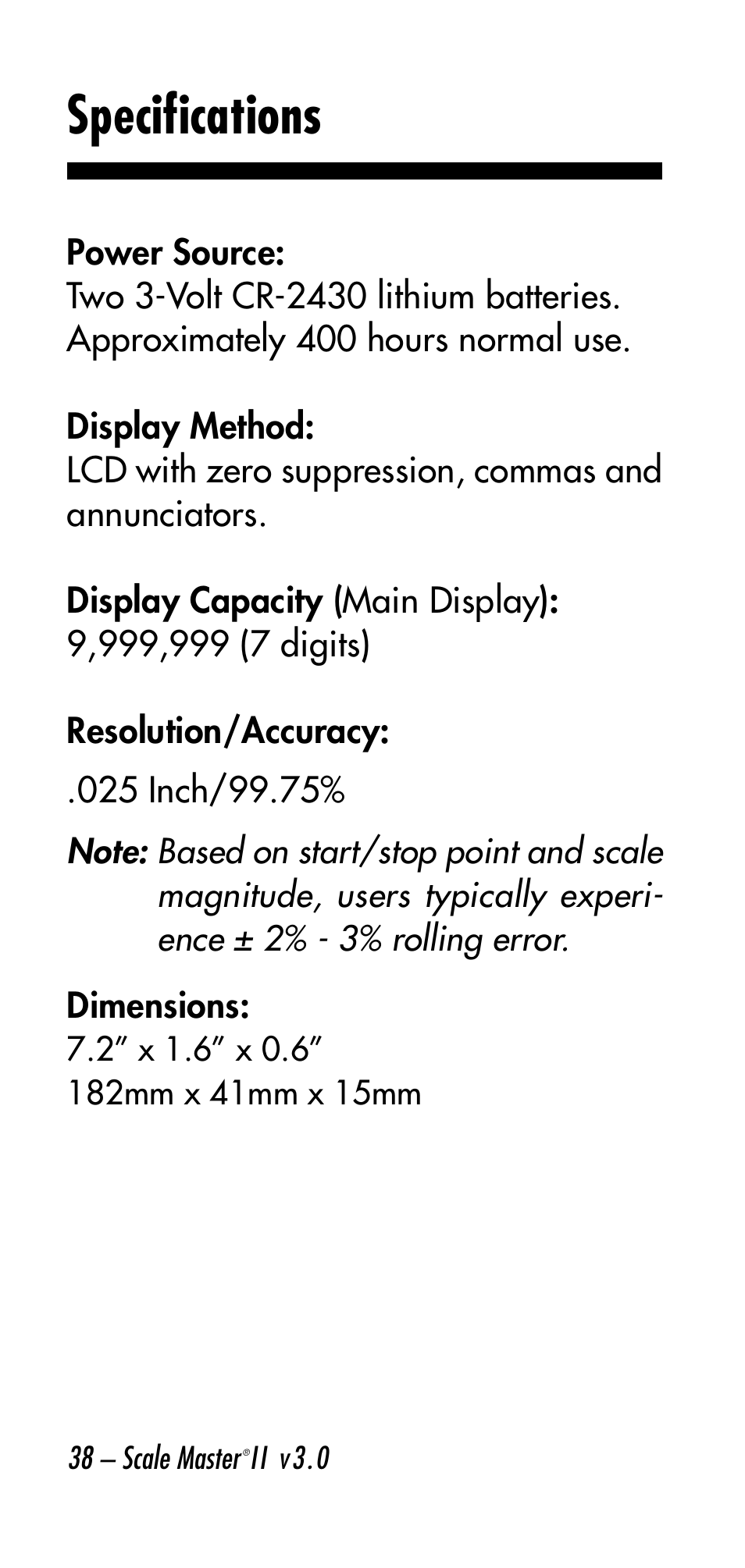 Specifications | Calculated Industries 6130 v3.0 User Manual | Page 38 / 44