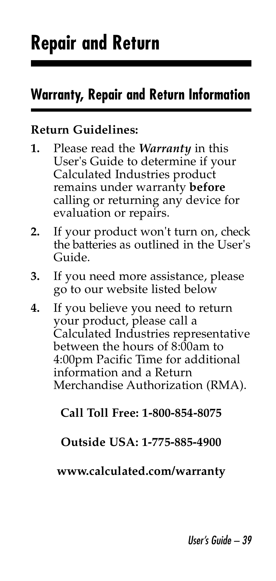 Repair and return, Warranty, repair and return information | Calculated Industries 6130 v3.0 User Manual | Page 39 / 44
