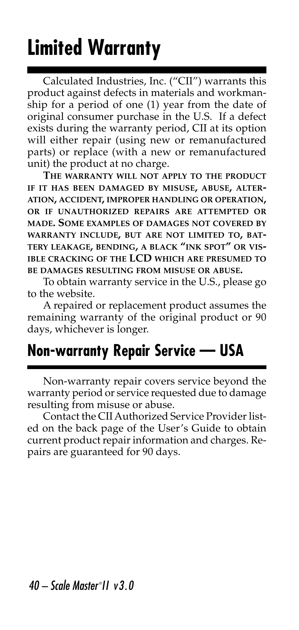 Limited warranty, Non-warranty repair service — usa, 40 – scale master | Ii v3.0 | Calculated Industries 6130 v3.0 User Manual | Page 40 / 44