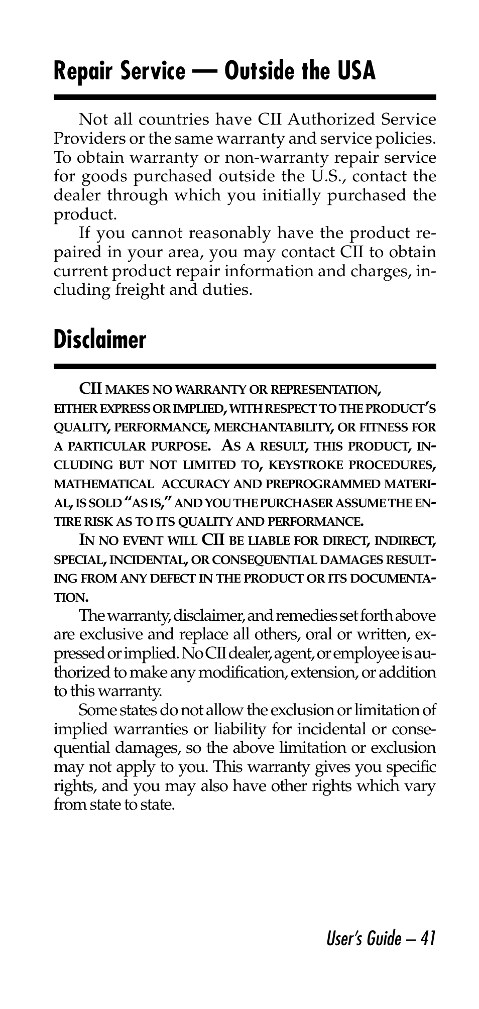 Repair service — outside the usa, Disclaimer, User’s guide – 41 | Calculated Industries 6130 v3.0 User Manual | Page 41 / 44