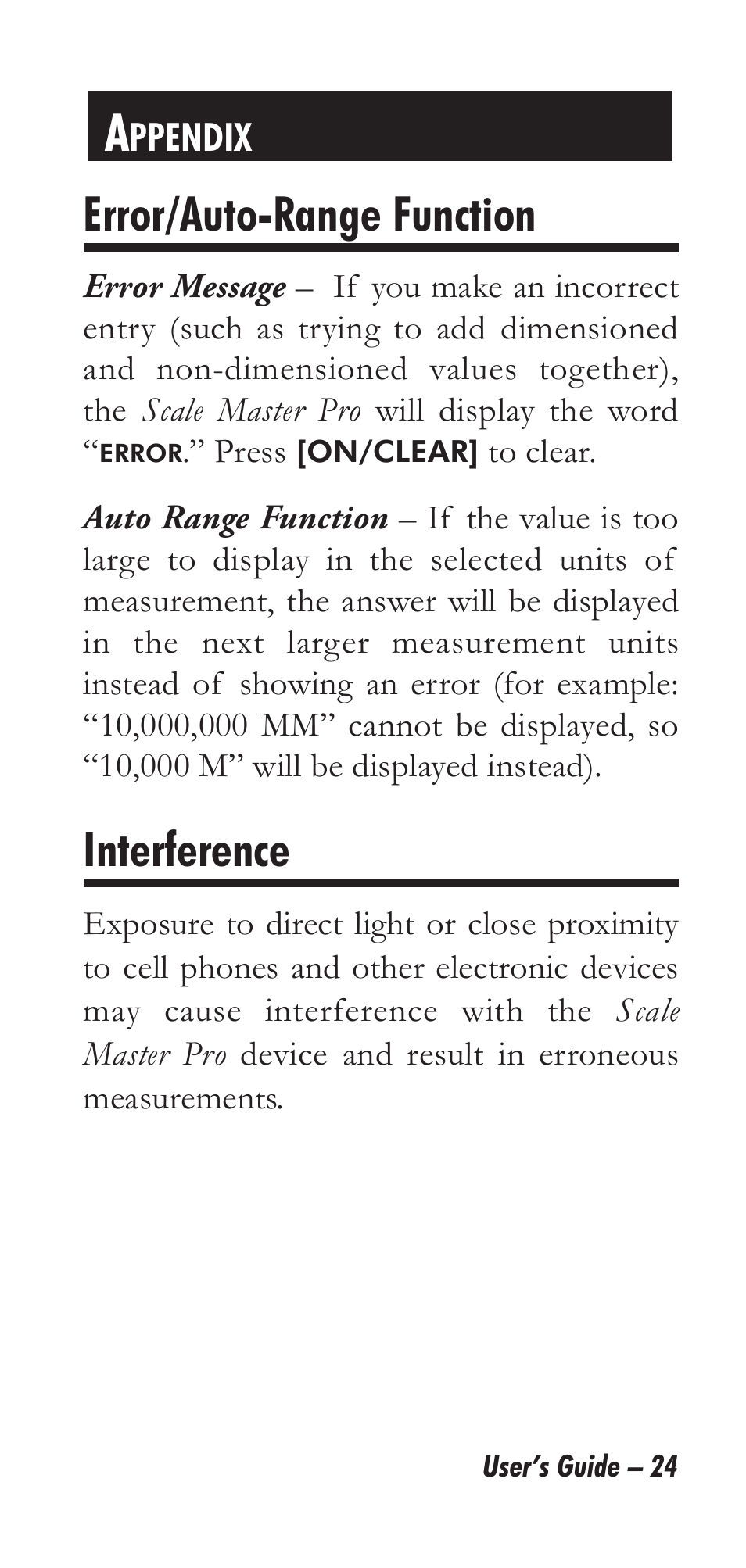 Error/auto-range function, Interference | Calculated Industries 6025 User Manual | Page 28 / 36
