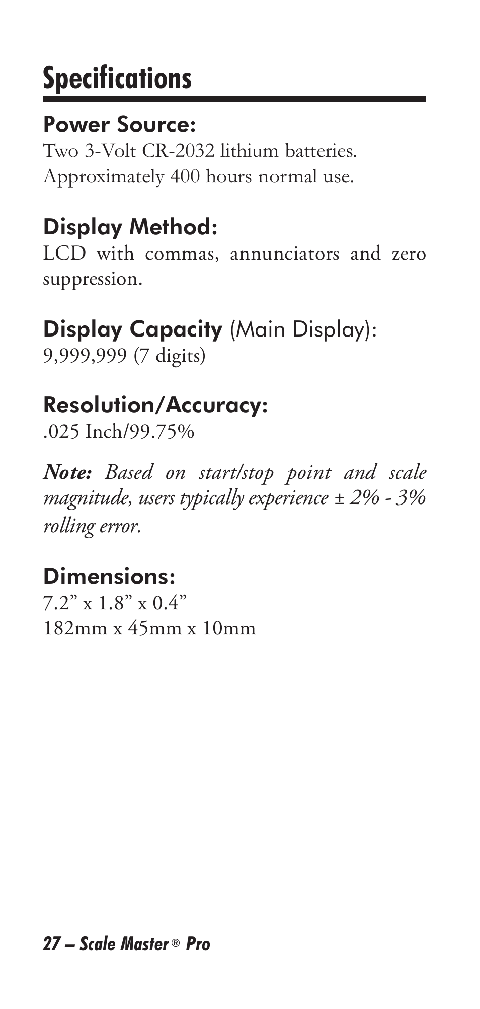 Specifications | Calculated Industries 6025 User Manual | Page 31 / 36