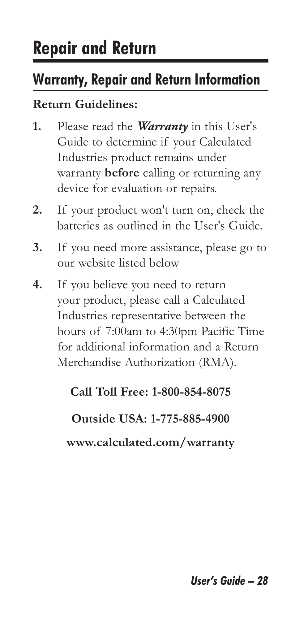 Repair and return, Warranty, repair and return information | Calculated Industries 6025 User Manual | Page 32 / 36