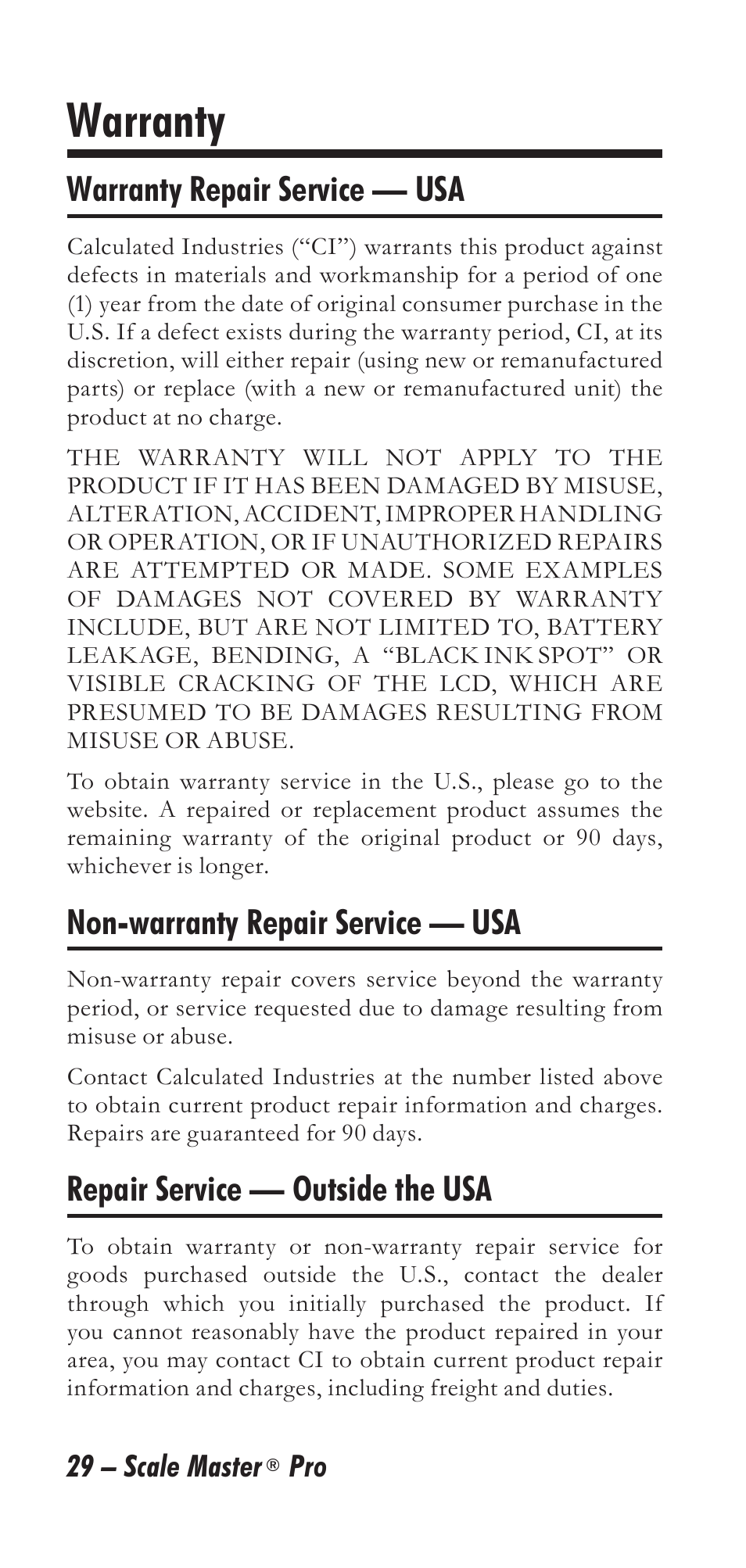 Warranty | Calculated Industries 6025 User Manual | Page 33 / 36