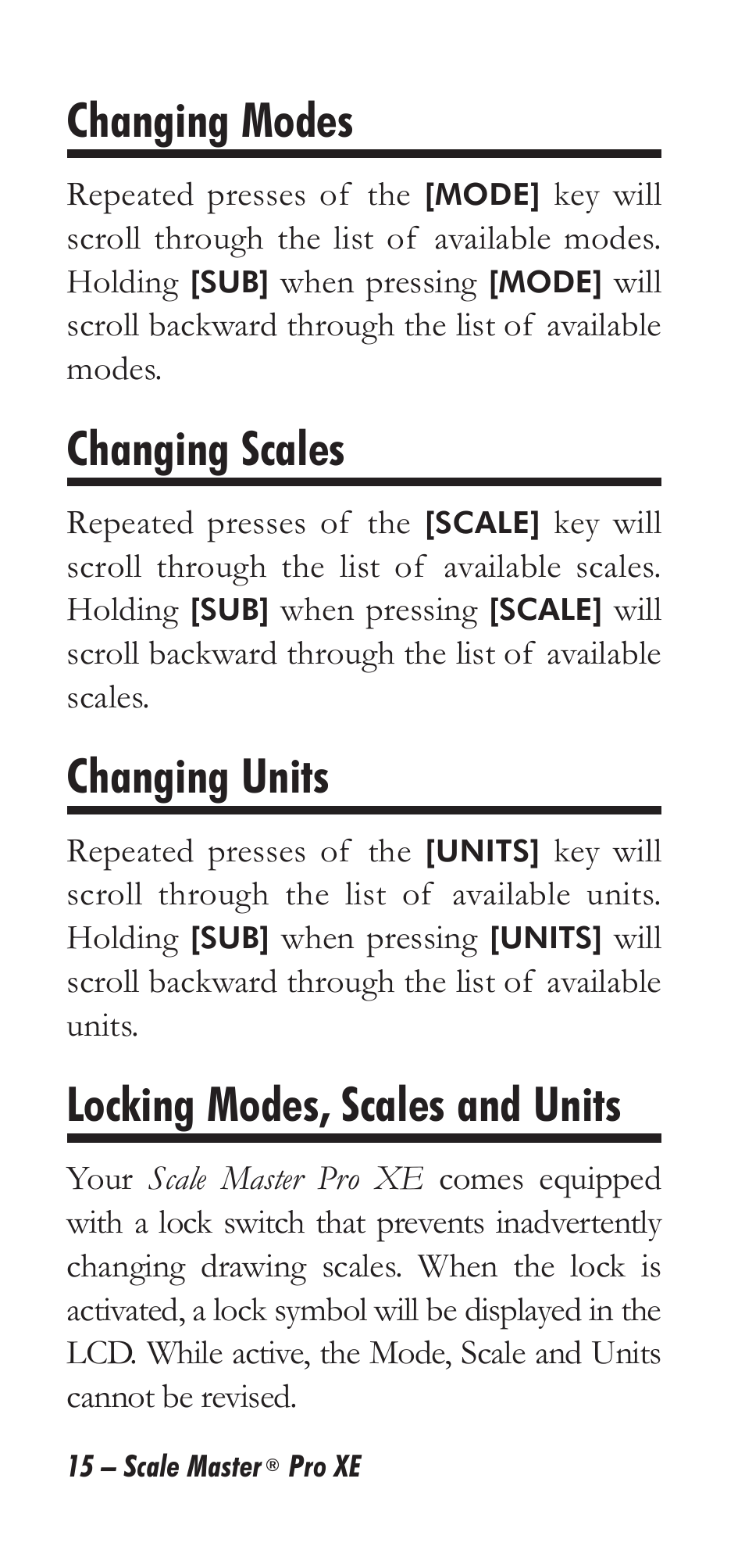 Changing modes, Changing scales, Changing units | Locking modes, scales and units | Calculated Industries 6135 User Manual | Page 19 / 43