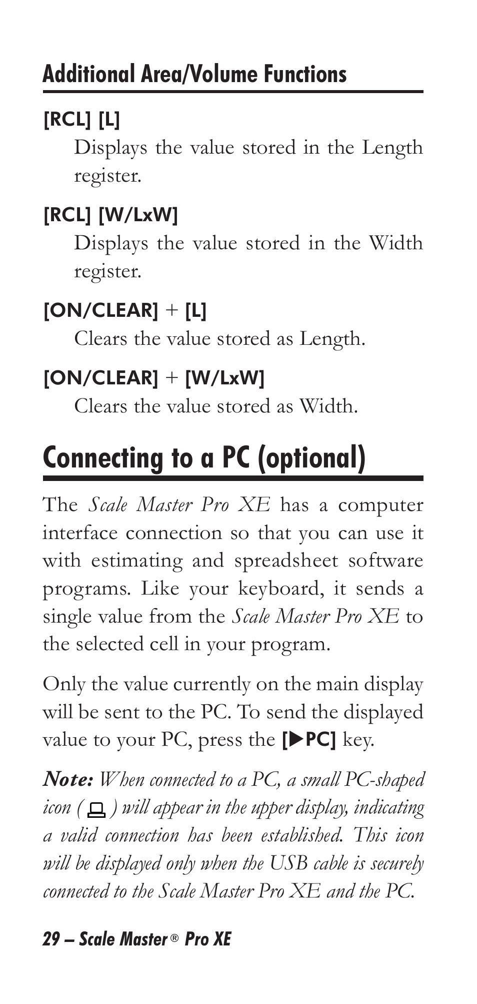 Connecting to a pc (optional), Additional area/volume functions | Calculated Industries 6135 User Manual | Page 33 / 43