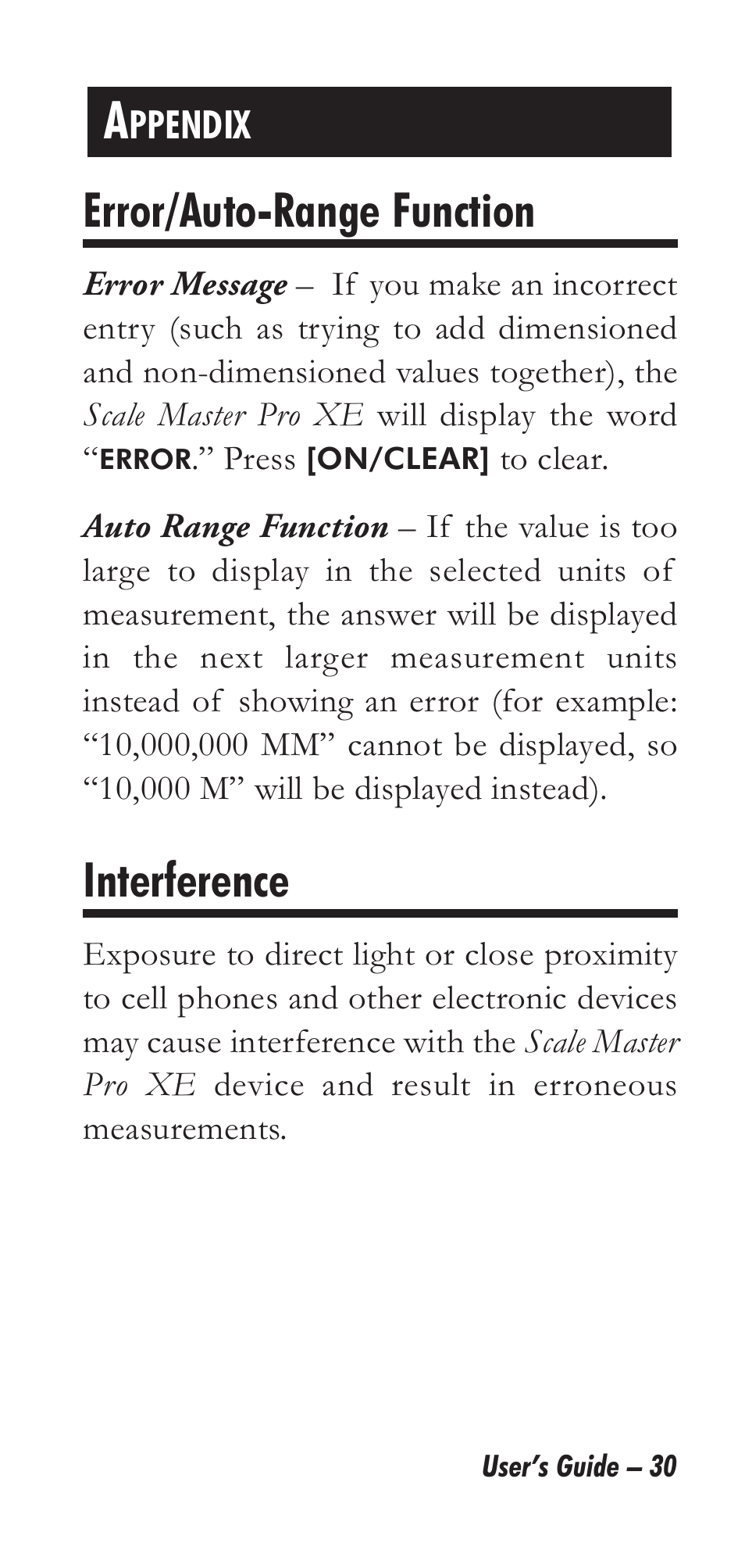 Error/auto-range function, Interference | Calculated Industries 6135 User Manual | Page 34 / 43