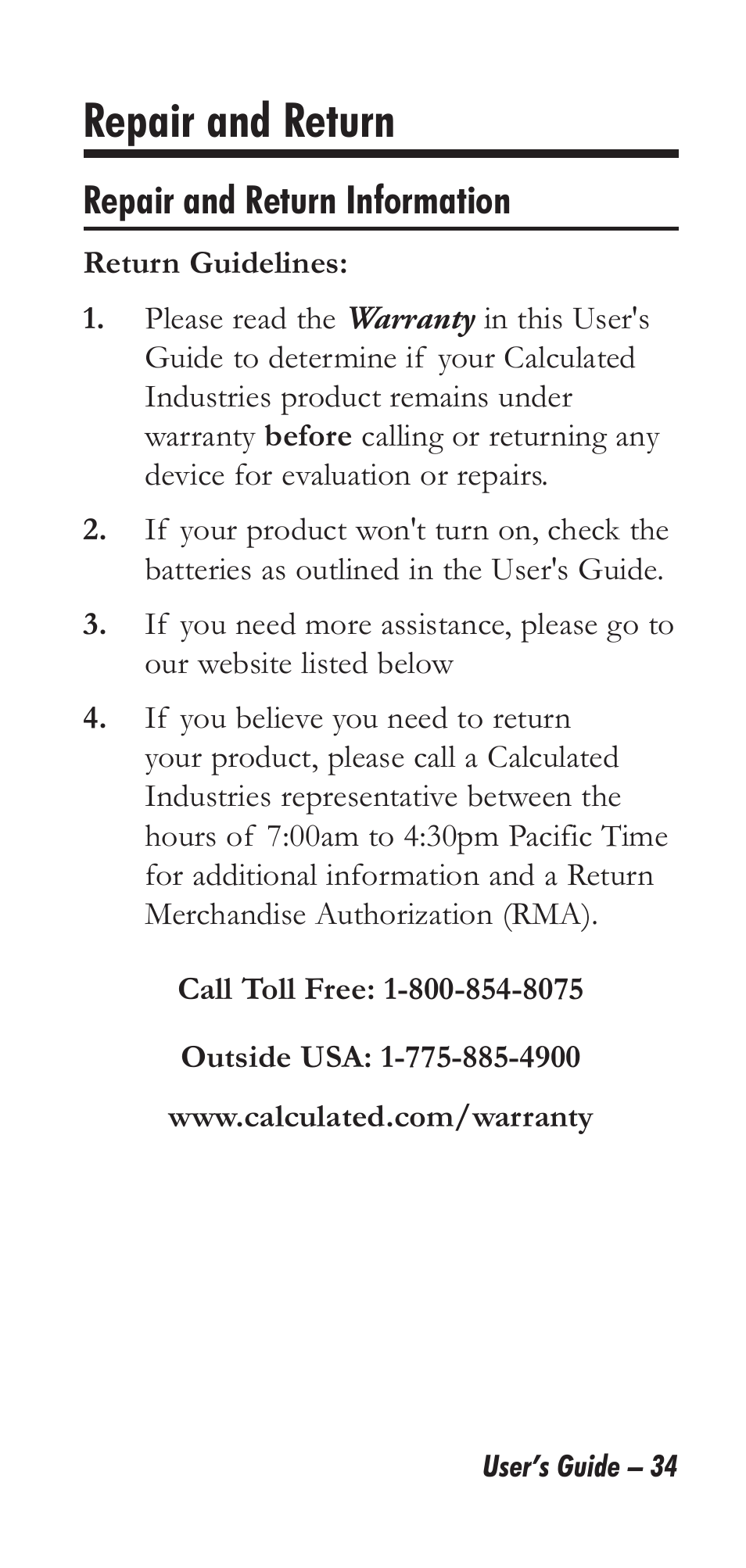 Repair and return, Repair and return information | Calculated Industries 6135 User Manual | Page 38 / 43