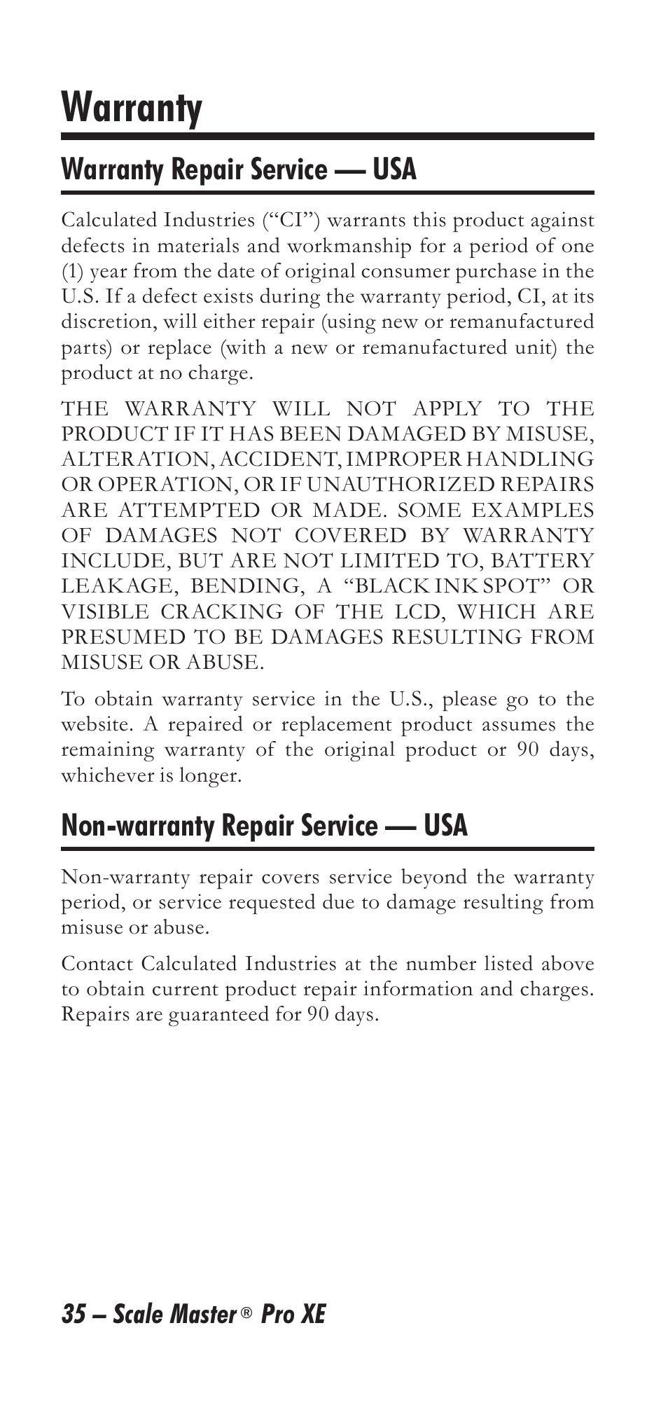 Warranty | Calculated Industries 6135 User Manual | Page 39 / 43