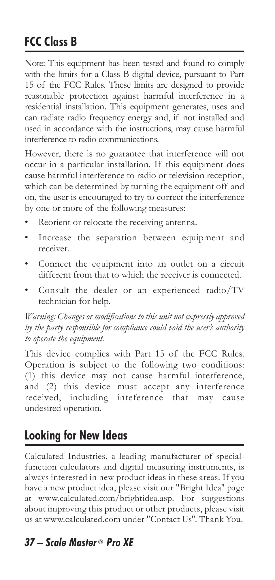 Fcc class b, Looking for new ideas | Calculated Industries 6135 User Manual | Page 41 / 43