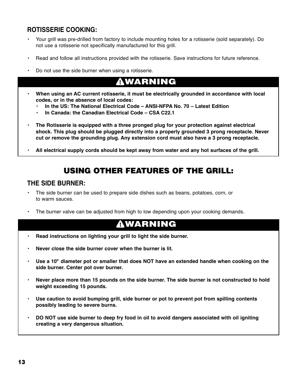 Warning, Using other features of the grill, Rotisserie cooking | The side burner | Brinkmann 4415 User Manual | Page 14 / 36