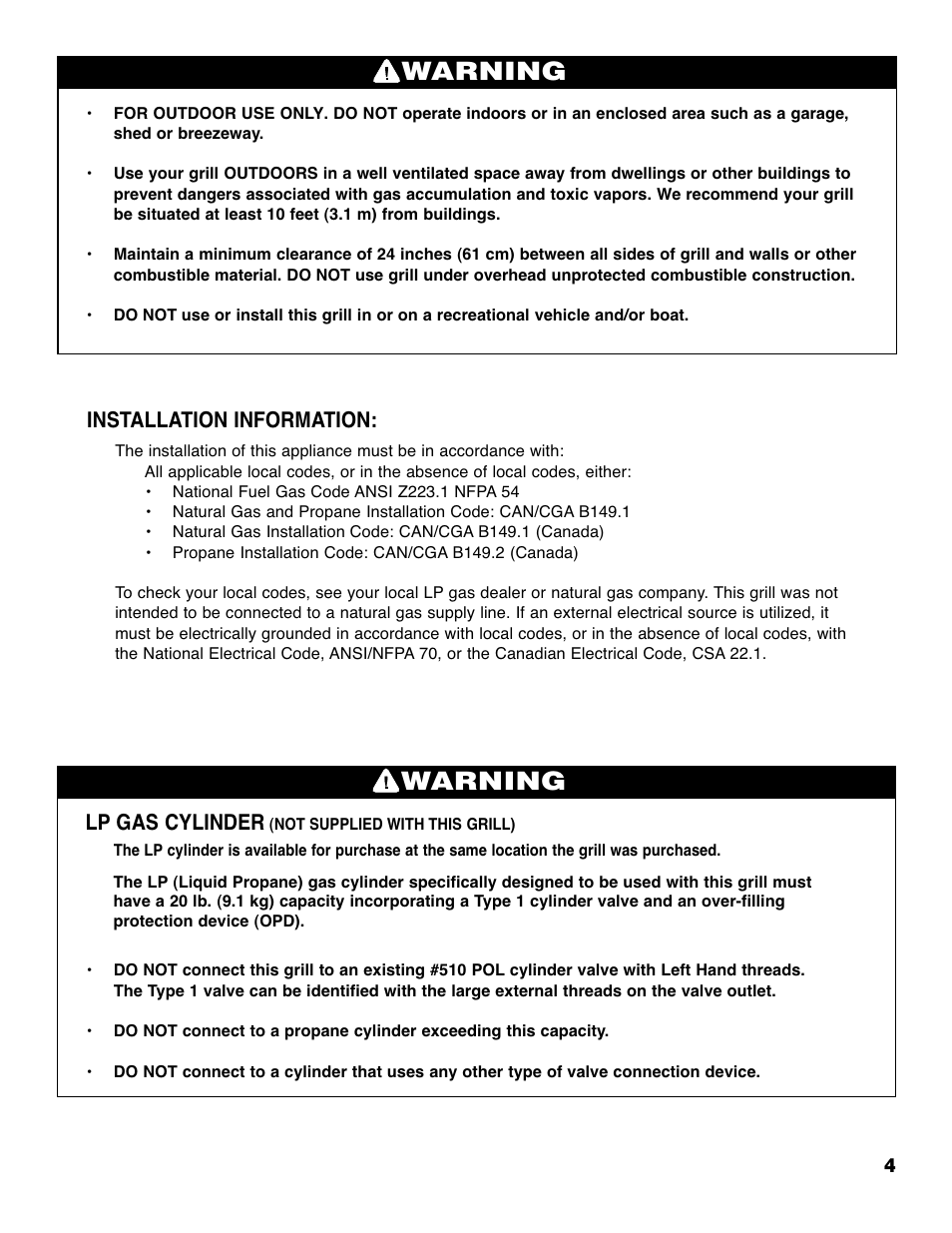 Warning, Lp gas cylinder, Installation information | Brinkmann 4415 User Manual | Page 5 / 36