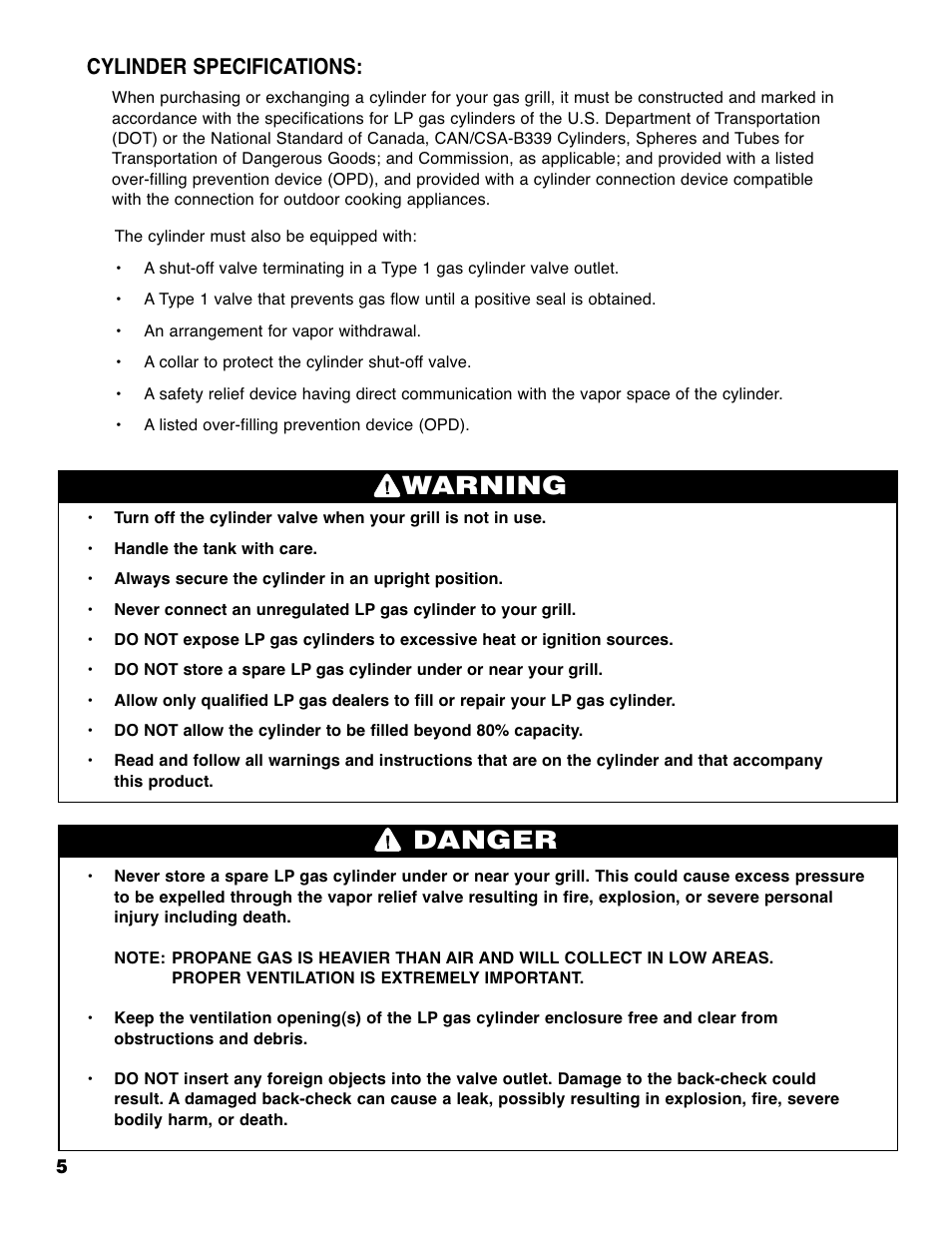 Warning danger, Cylinder specifications | Brinkmann 4415 User Manual | Page 6 / 36