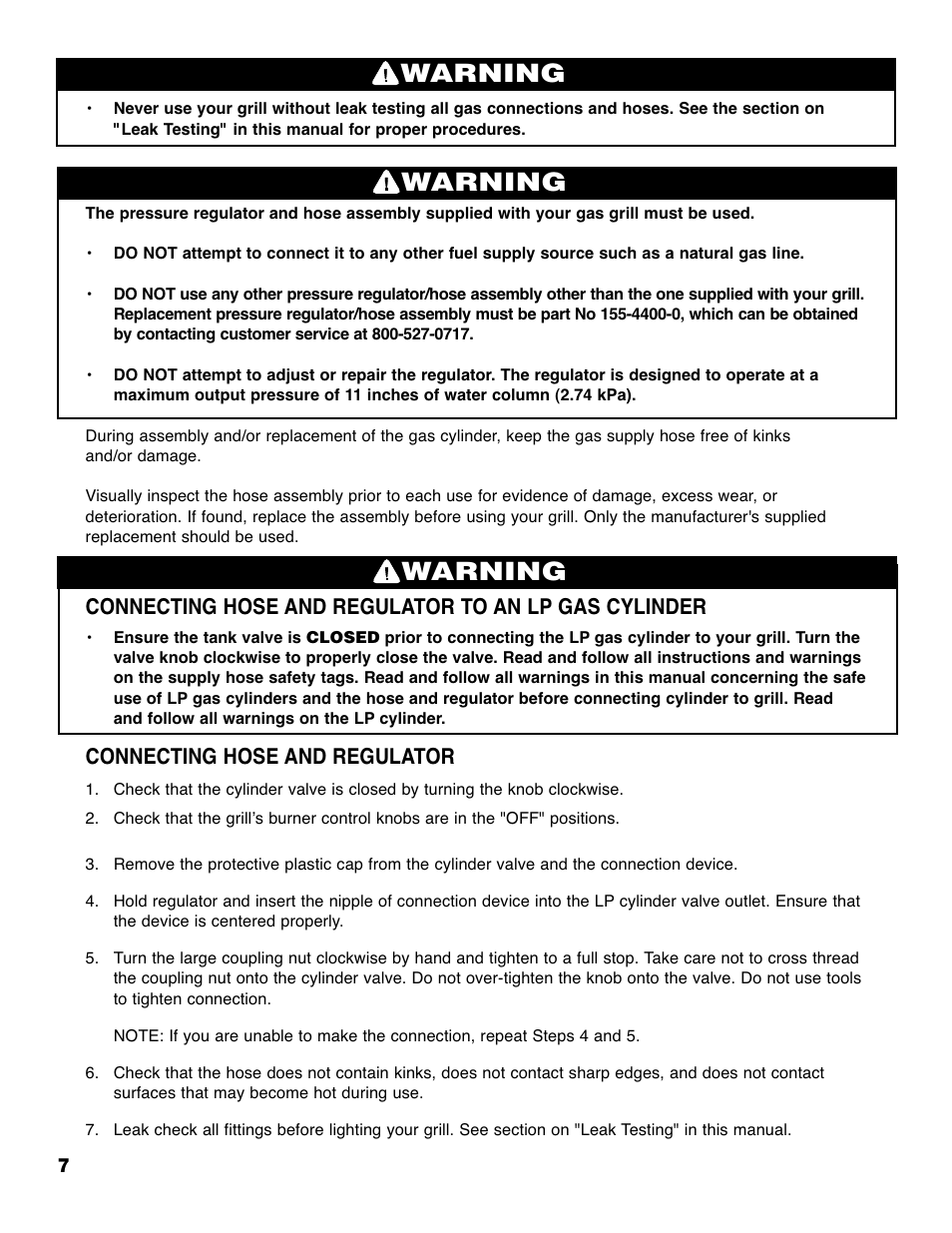 Warning, Connecting hose and regulator | Brinkmann 4415 User Manual | Page 8 / 36