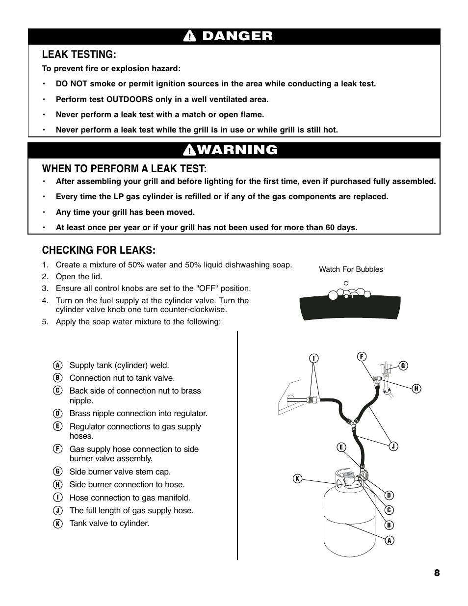 Warning, Danger, Leak testing | When to perform a leak test, Checking for leaks | Brinkmann 4415 User Manual | Page 9 / 36