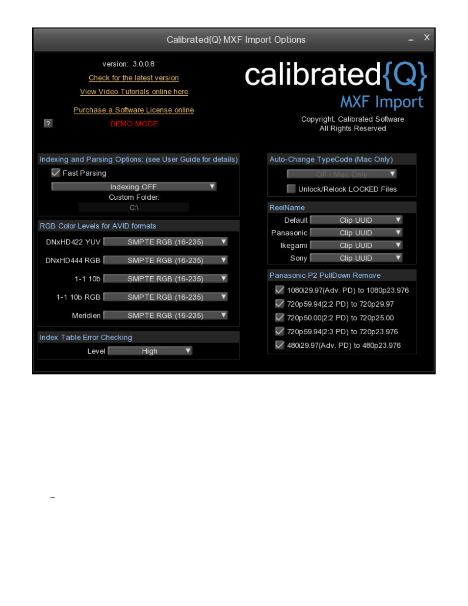 Version, Video tutorials, Demo mode limitation | Calibrated Software MXF Import v3 User Manual | Page 20 / 94