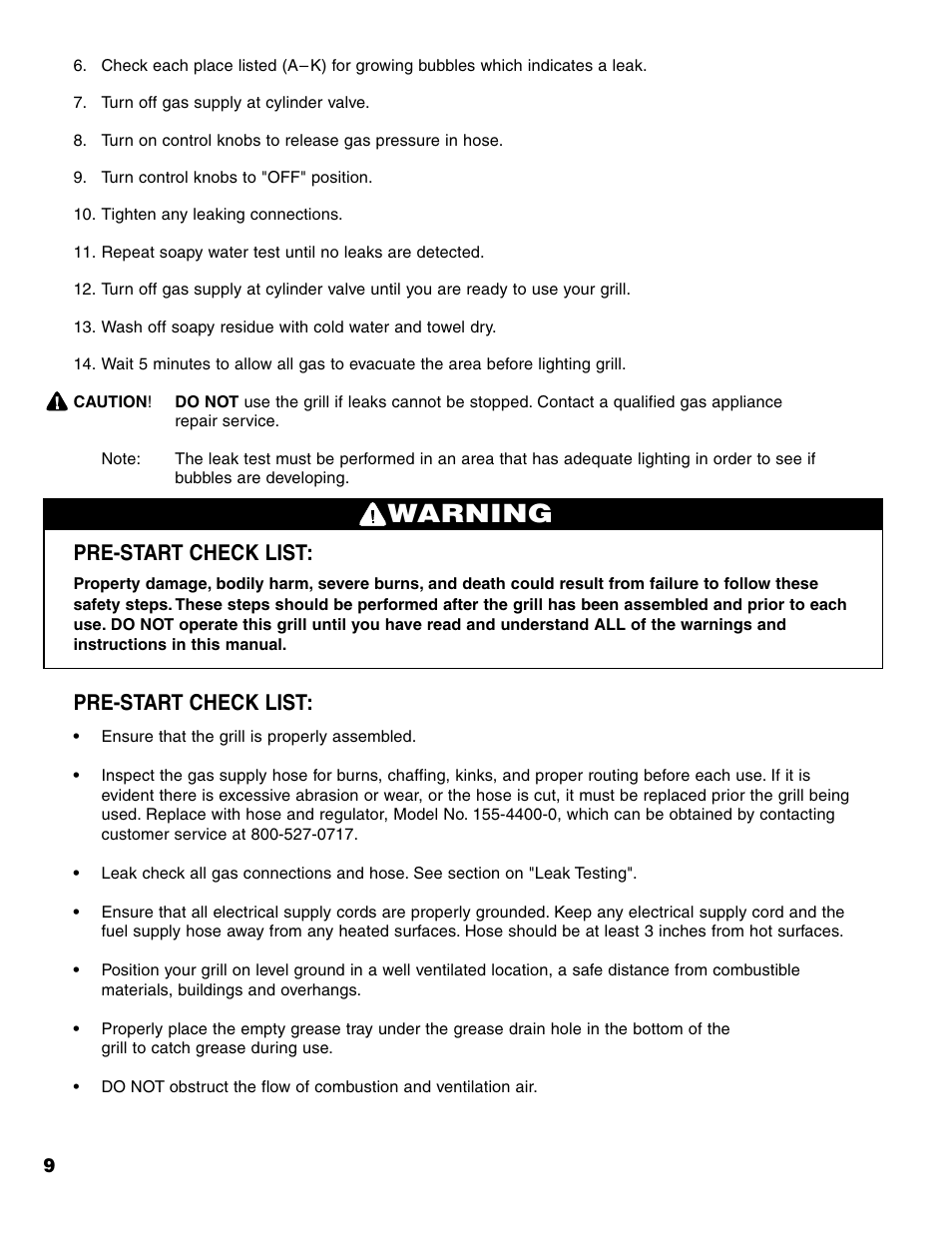 Warning, Pre-start check list | Brinkmann ProSeries 6418 User Manual | Page 10 / 36