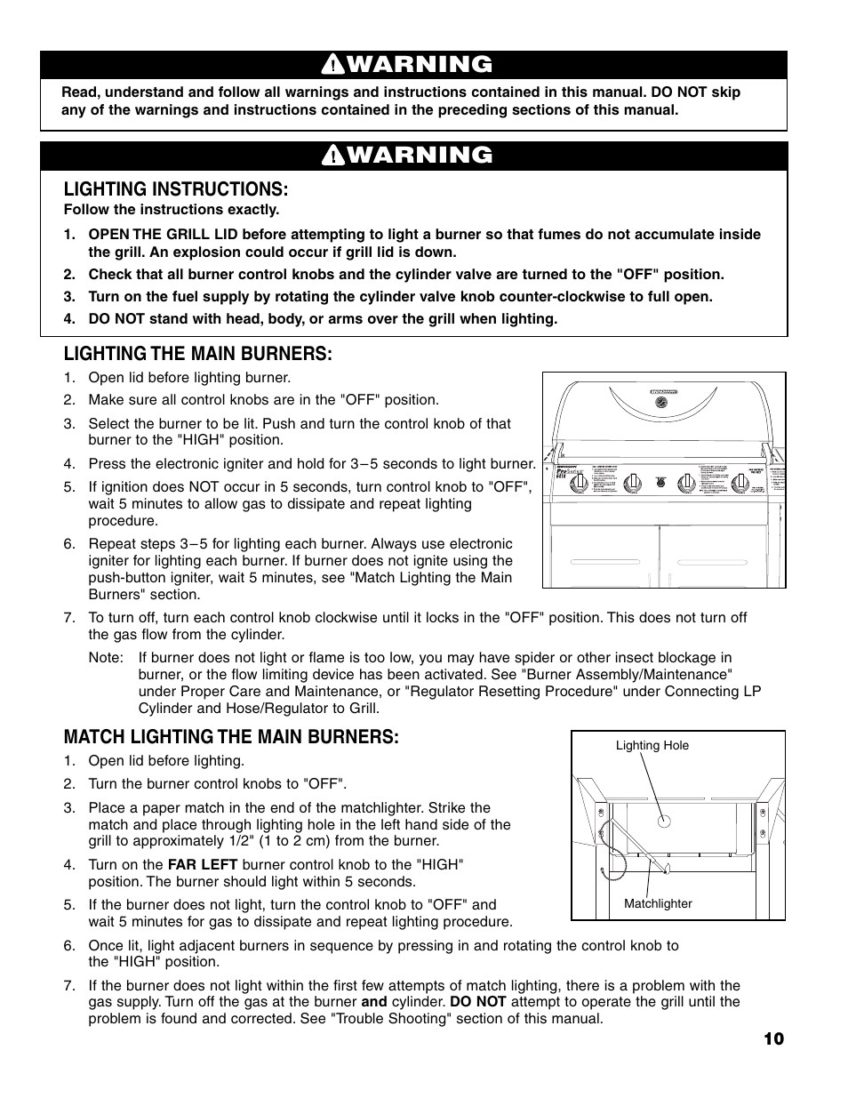 Warning, Lighting instructions, Lighting the main burners | Match lighting the main burners | Brinkmann ProSeries 6418 User Manual | Page 11 / 36