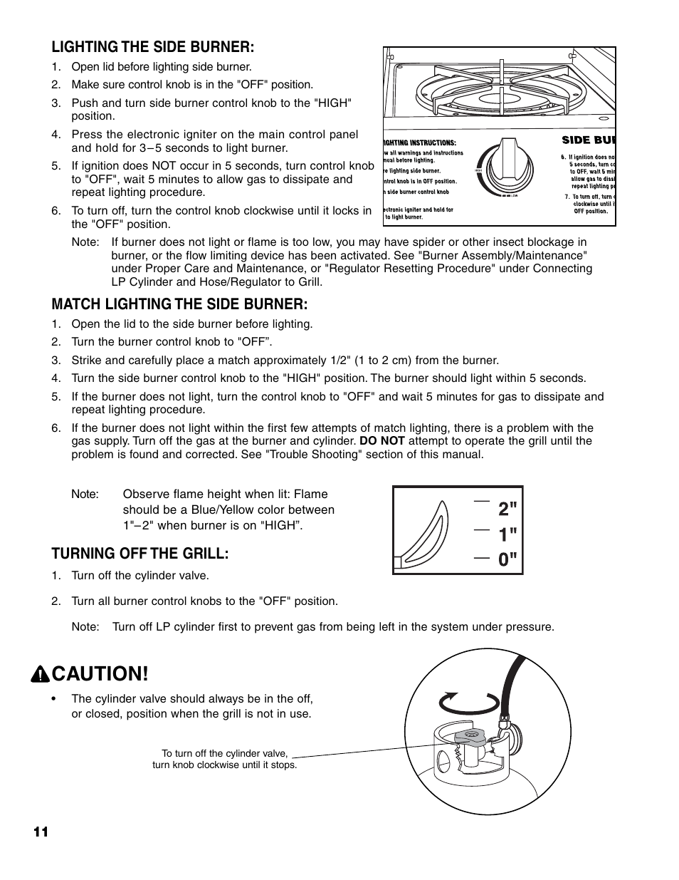 Caution, Lighting the side burner, Match lighting the side burner | Turning off the grill | Brinkmann ProSeries 6418 User Manual | Page 12 / 36