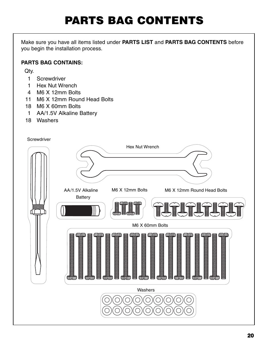 Parts bag contents | Brinkmann ProSeries 6418 User Manual | Page 21 / 36